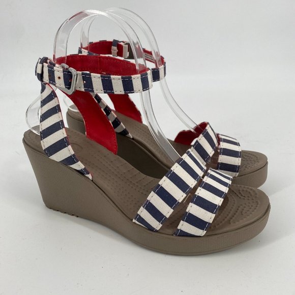 Crocs sandals womens 8 navy striped nautical leigh wedge strappy lightweight - Picture 2 of 7
